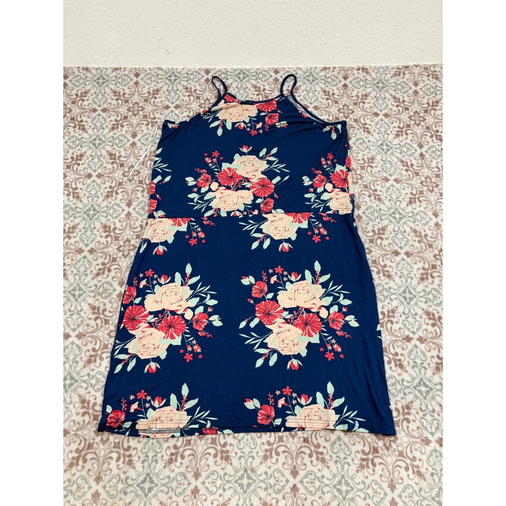 Floral High Neck Sleeveless Navy Blue Summer Dress with Drawstring Waist